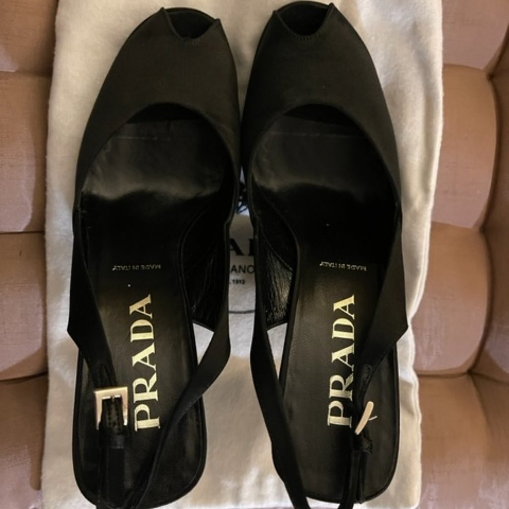 PRADA  black satin slingback high heeled shoes, size 8.5; very good condition